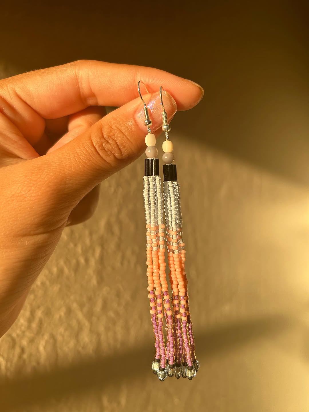 Silver Rose Beaded Tassel Earrings