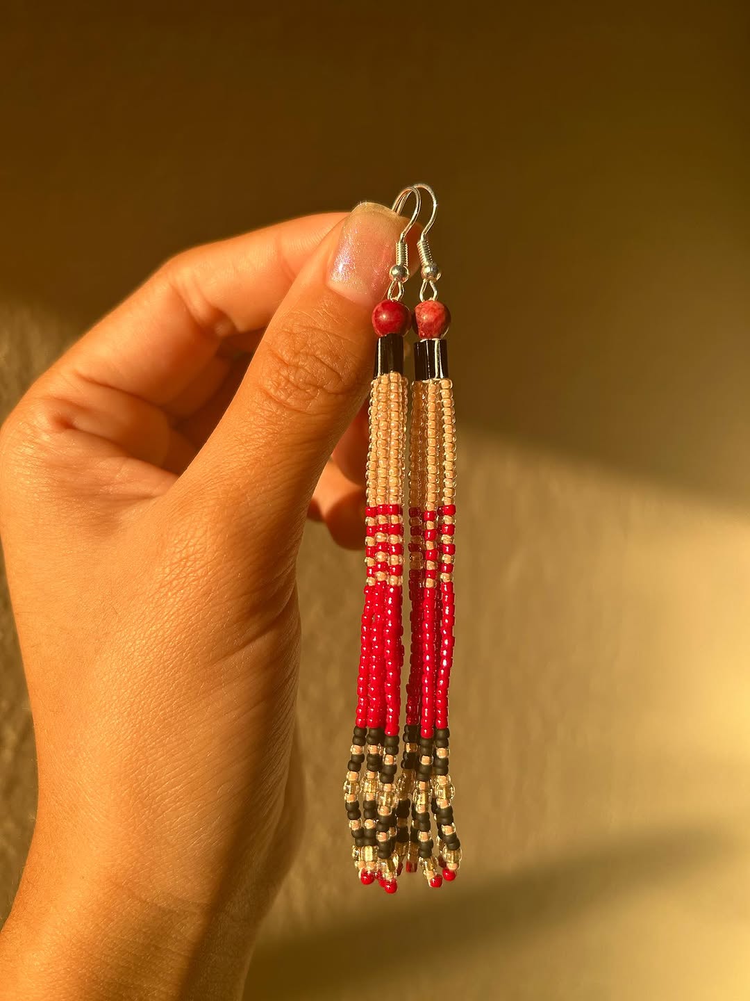 Crimson & Gold Beaded Tassel Earrings