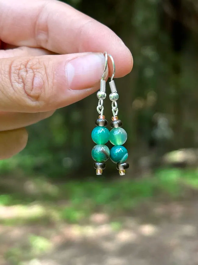 Green Agate Double Bead Drop Earrings