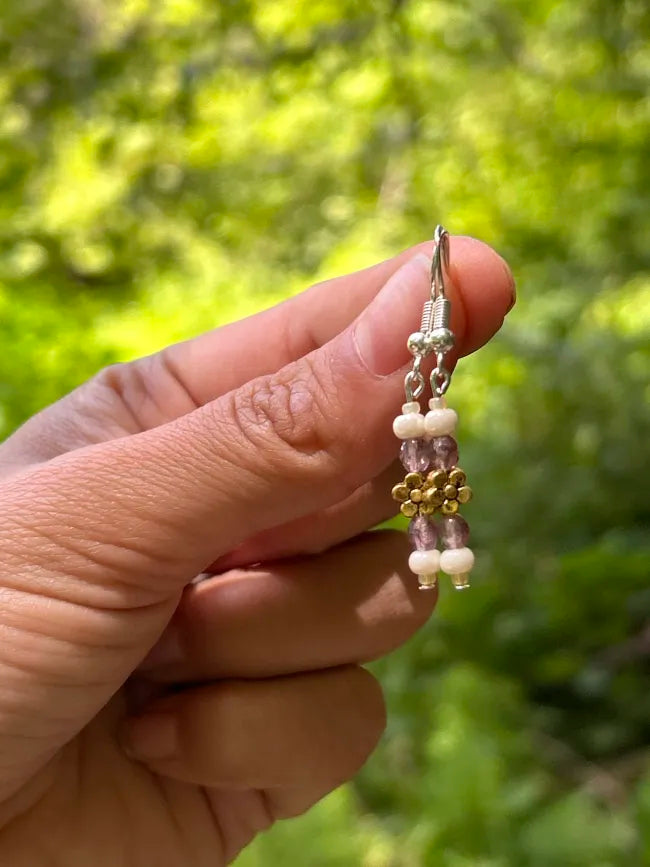 Lavender & Gold Daisy Stacked Drop Earrings